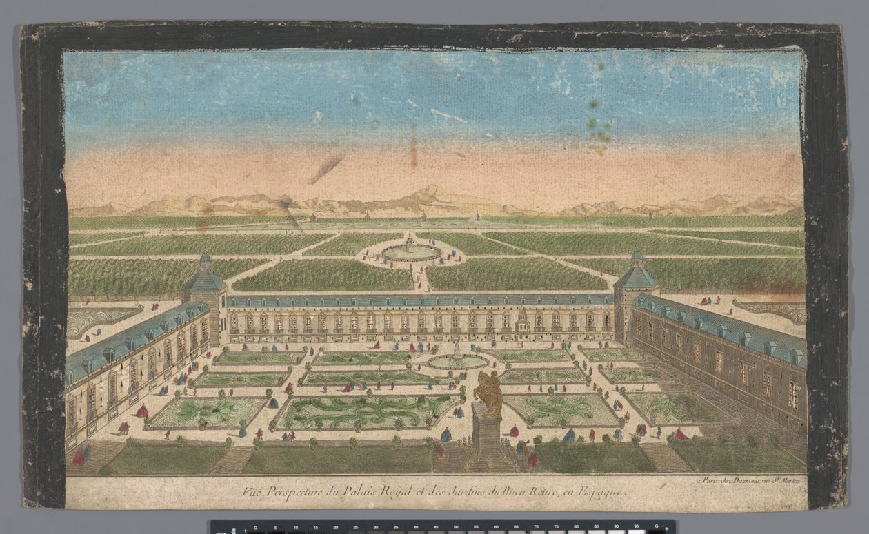 Näkymä puutarhaan ja Palacio del Buen Retirolle Madridissa Vüe ​​​​perspective du Palais Royal et des Jardins du Buen Retiro, en Espagne (otsikko esineessä) tekijältä Jean François Daumont