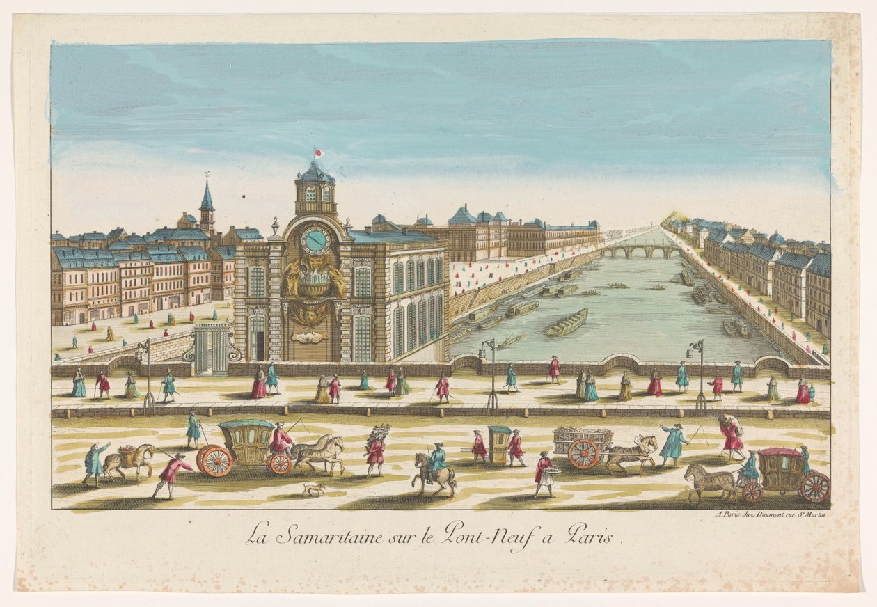 Näkymä vesipumpusta Samaritaine Pont Neufilla Seine-joen yli Pariisissa La Samaritaine sur le Pont Neuf a Paris (otsikko esineessä) tekijältä Jean François Daumont