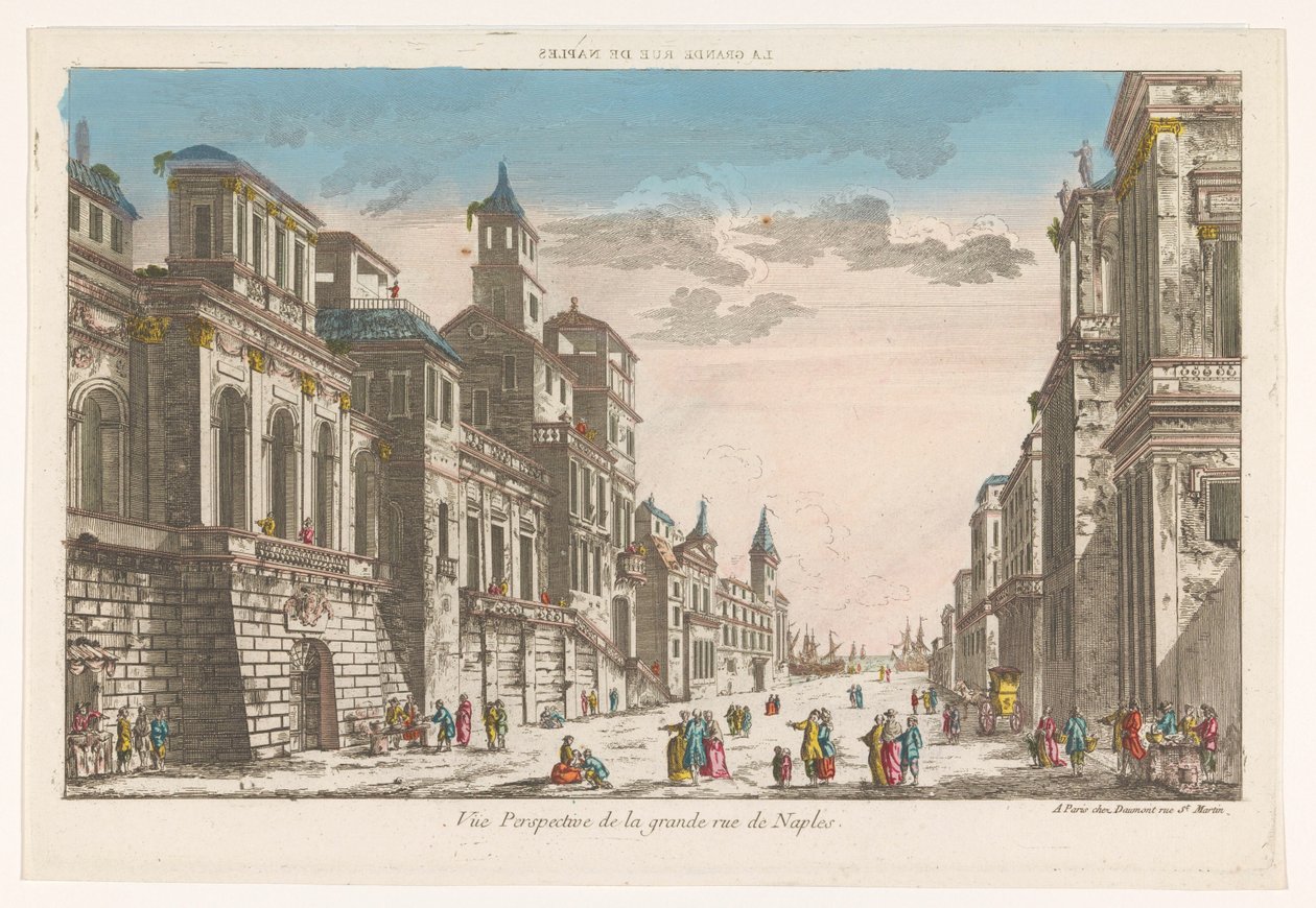 Näkymä kadulle kohti merta Napolissa La grande rue de Naples (otsikko esineessä) tekijältä Jean François Daumont