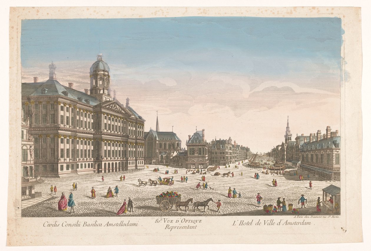 Näkymä Amsterdamin kaupungintalolle ja Dam-aukiolle 80. Vue d