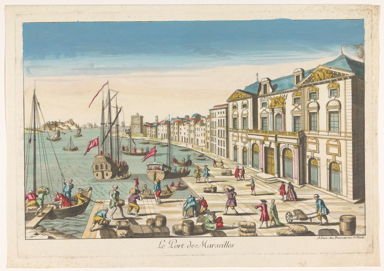Näkymä Marseillen kaupungintalolle ja satamaan Le port de Marseille (otsikko esineessä) tekijältä Jean François Daumont