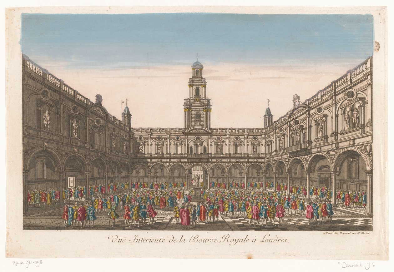 Näkymä Lontoon Royal Exchangen sisätiloihin Vuë Interieure de la Bourse Royale à Londres (otsikko esineessä) tekijältä Jean François Daumont