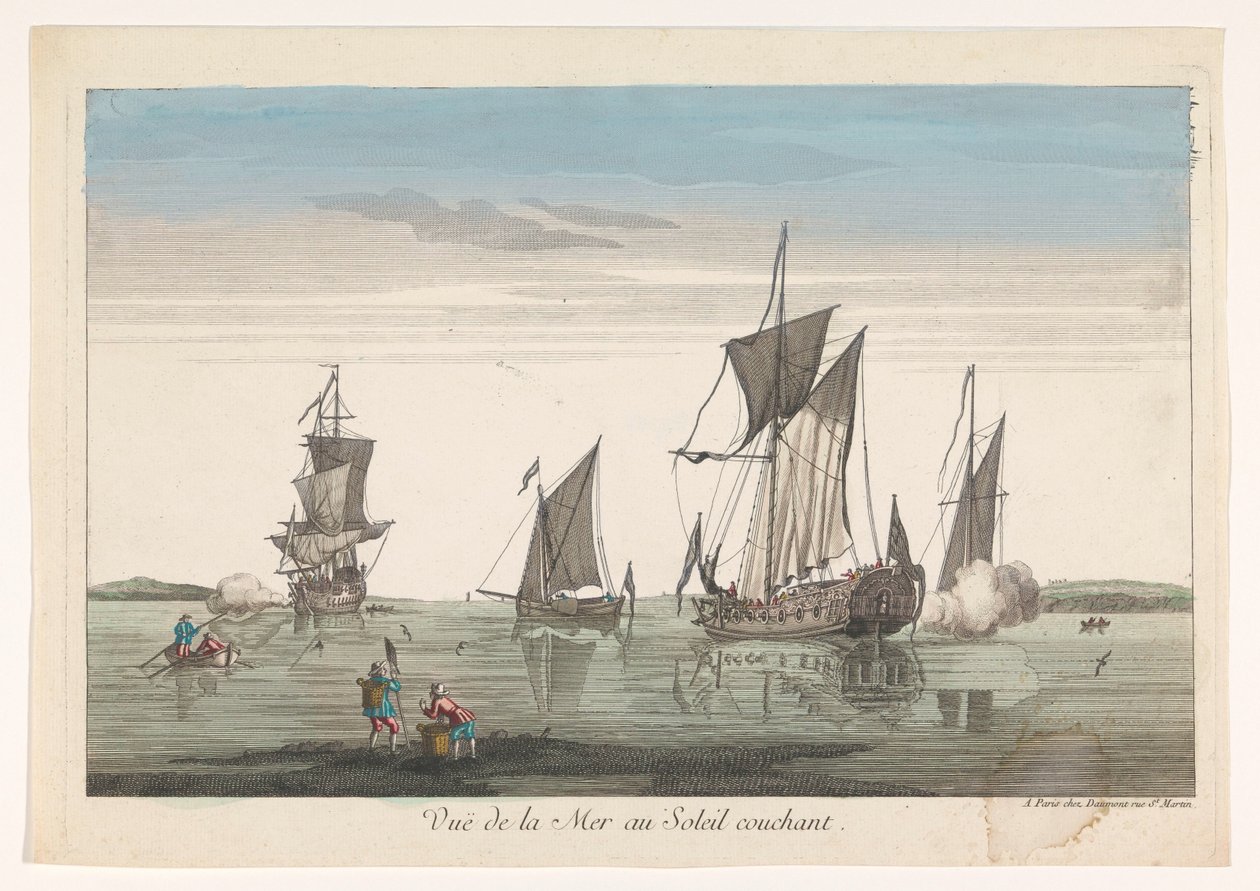 Merimaisema laivojen ja veneiden kanssa auringonlaskun aikaan Vue de la mer au soleil couchant (otsikko esineessä) tekijältä Jean François Daumont