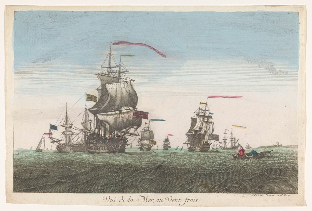 Merinäköala laivojen ja veneiden kanssa tuulessa Vue de la mer au vent frais (otsikko esineessä) tekijältä Jean François Daumont