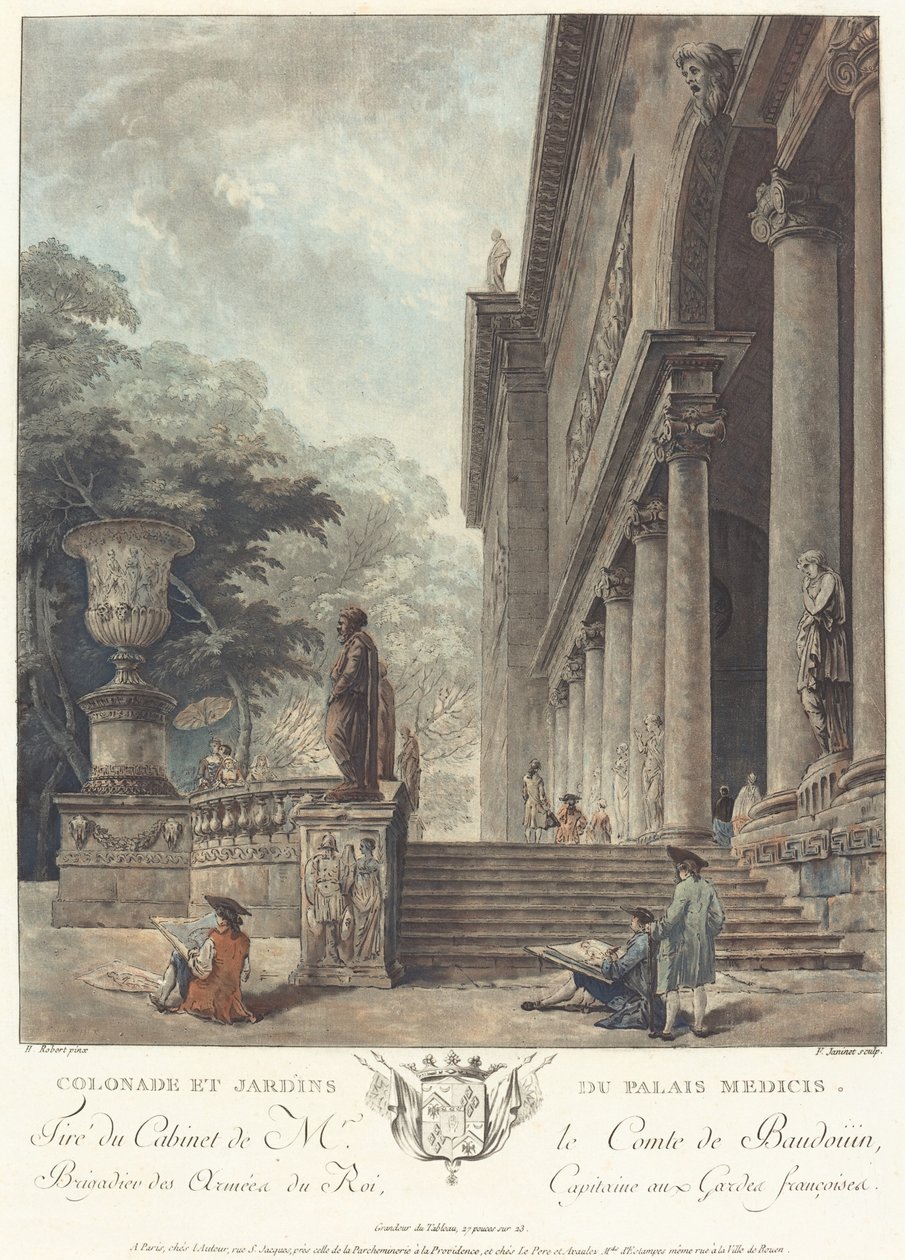 Medicin palatsin pylväikkö ja puutarhat tekijältä Jean François Janinet after Hubert Robert