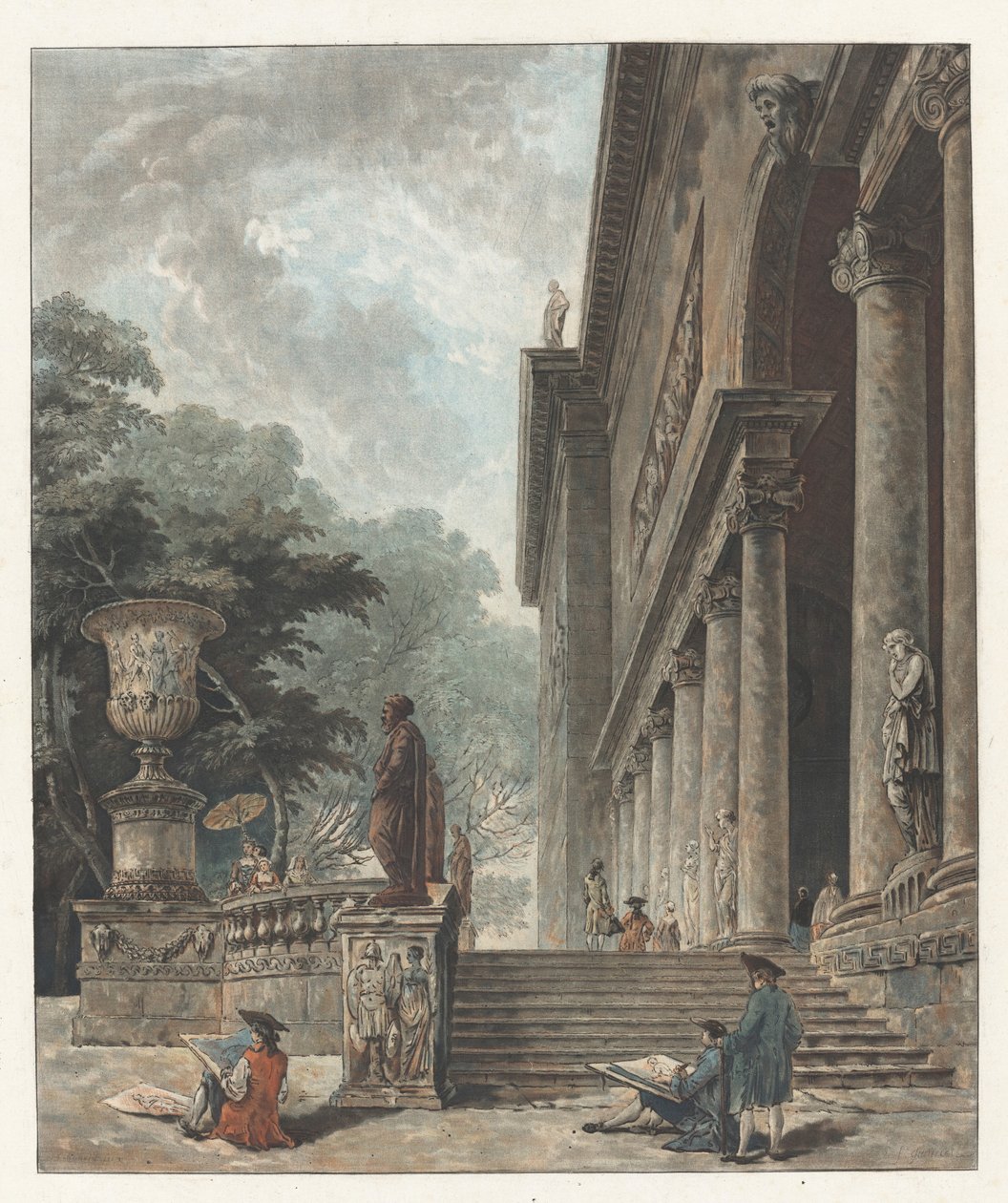 Palazzo Medicin pylväikkö ja puutarhat tekijältä Jean François Janinet after Hubert Robert