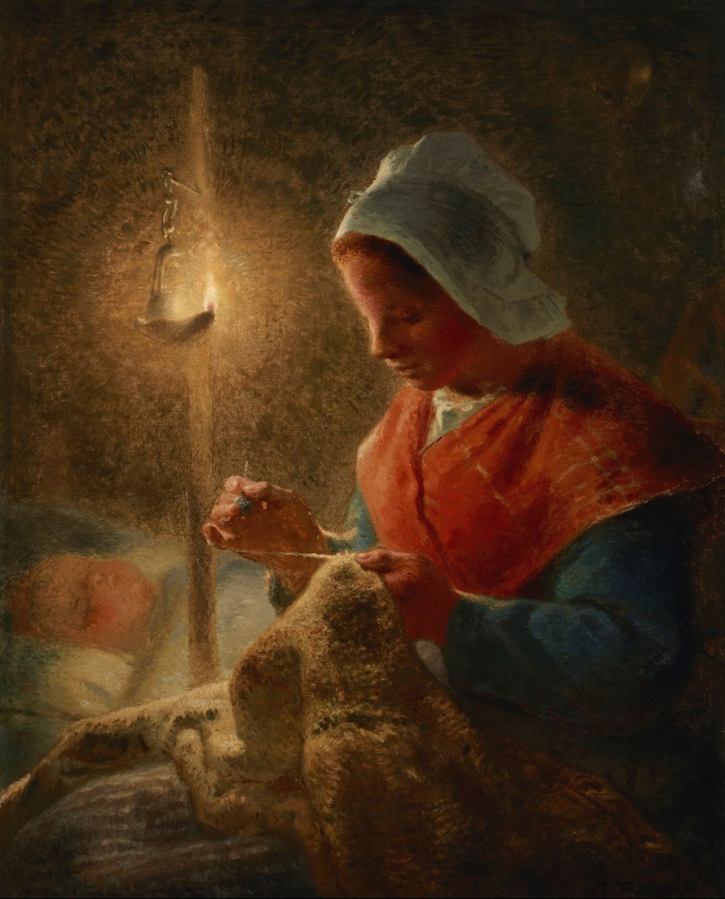 Ranska: Femme coud à la lumière de la lampe Nainen ompelee lampun valossa tekijältä Jean-Francois Millet