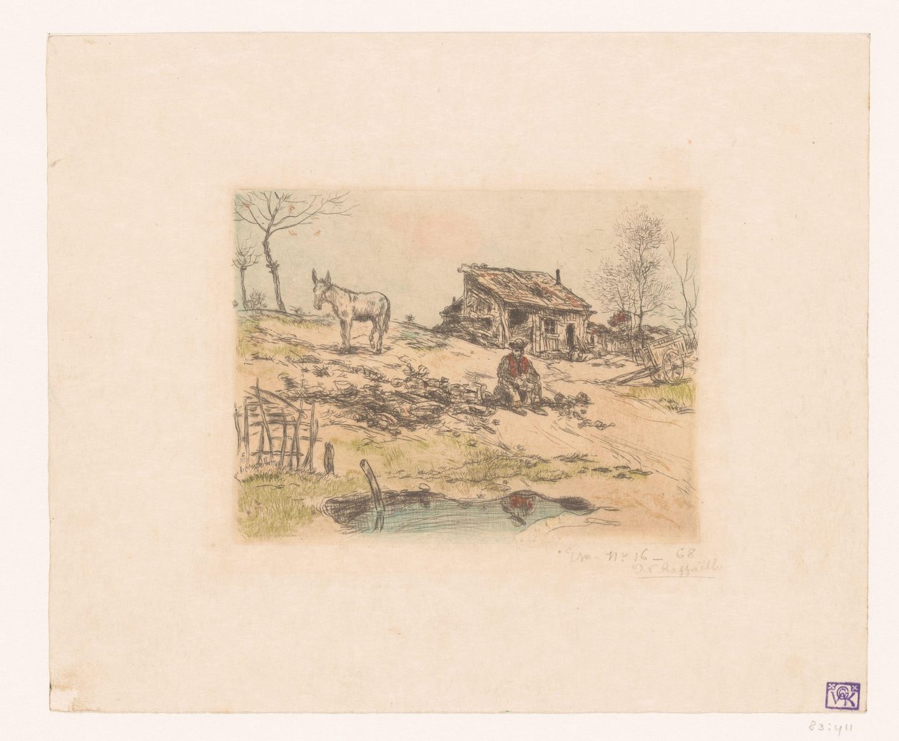 Maisema miehen ja aasin kanssa kotalla La cabane du chiffonnier tekijältä Jean François Raffaëlli (signed by artist)