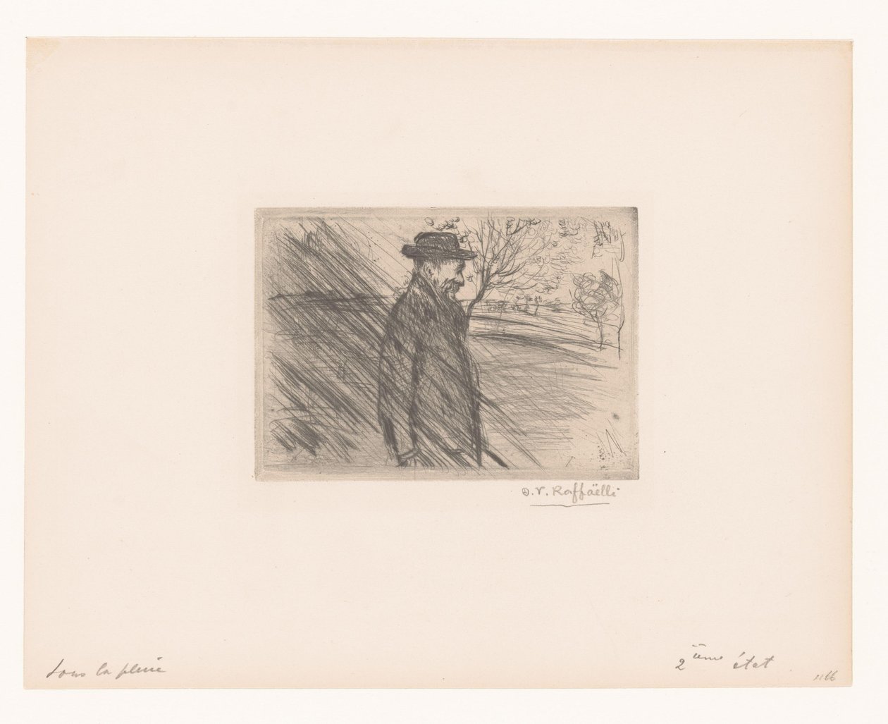 Mies hattu sateessa Sous la pluie tekijältä Jean François Raffaëlli (signed by artist)