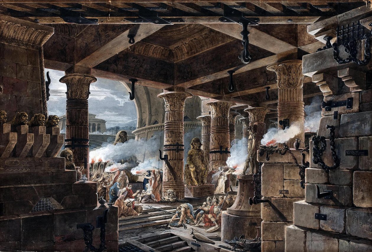 Arkkitehtoninen fantasia - sisäkuva egyptiläisestä temppelistä, 1803 tekijältä Jean François Thomas de Thomon