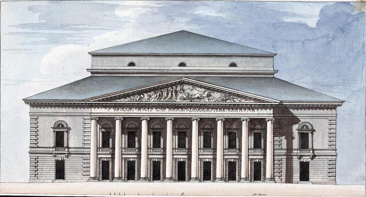 Pietarin keisarillisen Bolshoi Kamenny -teatterin julkisivu, 1802 tekijältä Jean François Thomas de Thomon
