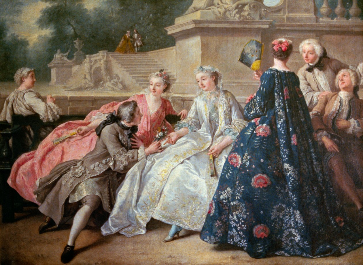 Rakkauden tuomioistuin Jean Francois de Troyn (1679-1752) maalaus 1731 su. 0,73 x 0,92 m Berliini. Staatliche-museo tekijältä Jean François de Troy