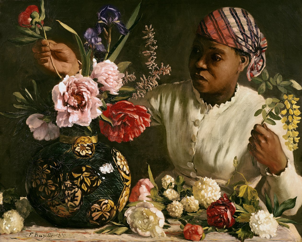 Musta nainen pionien kanssa, 1870 tekijältä Jean Frederic Bazille
