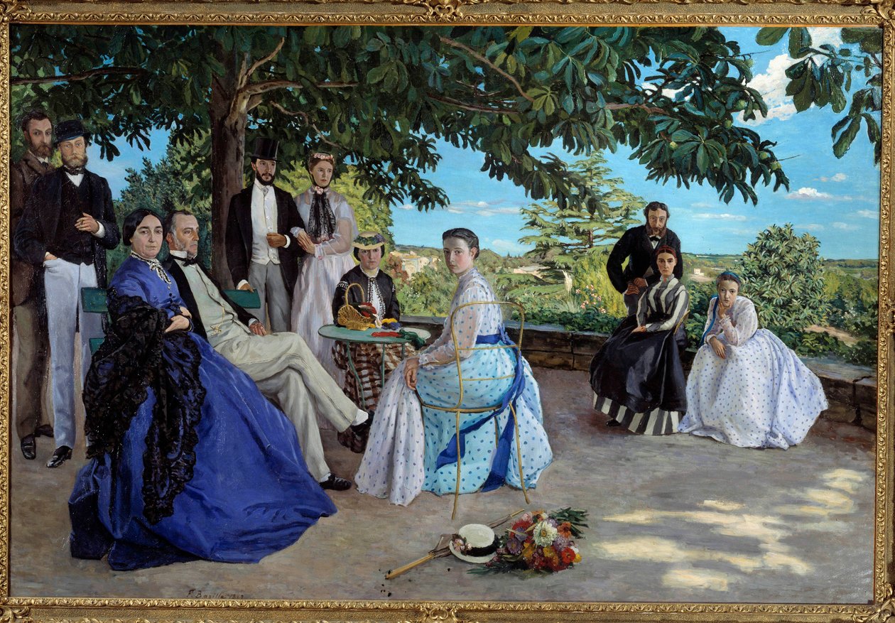 Perhetapaaminen: muotokuva ranskalaisesta porvaristoperheestä kokoontuneena puutarhaan. Vasemmalta oikealle: Jean Frederic Bazille, hänen setänsä Monsieur des Hours, hänen äitinsä ja isänsä, hänen serkkunsa Pauline ja tämän miehensä Monsieur Teulon, hänen  tekijältä Jean Frederic Bazille