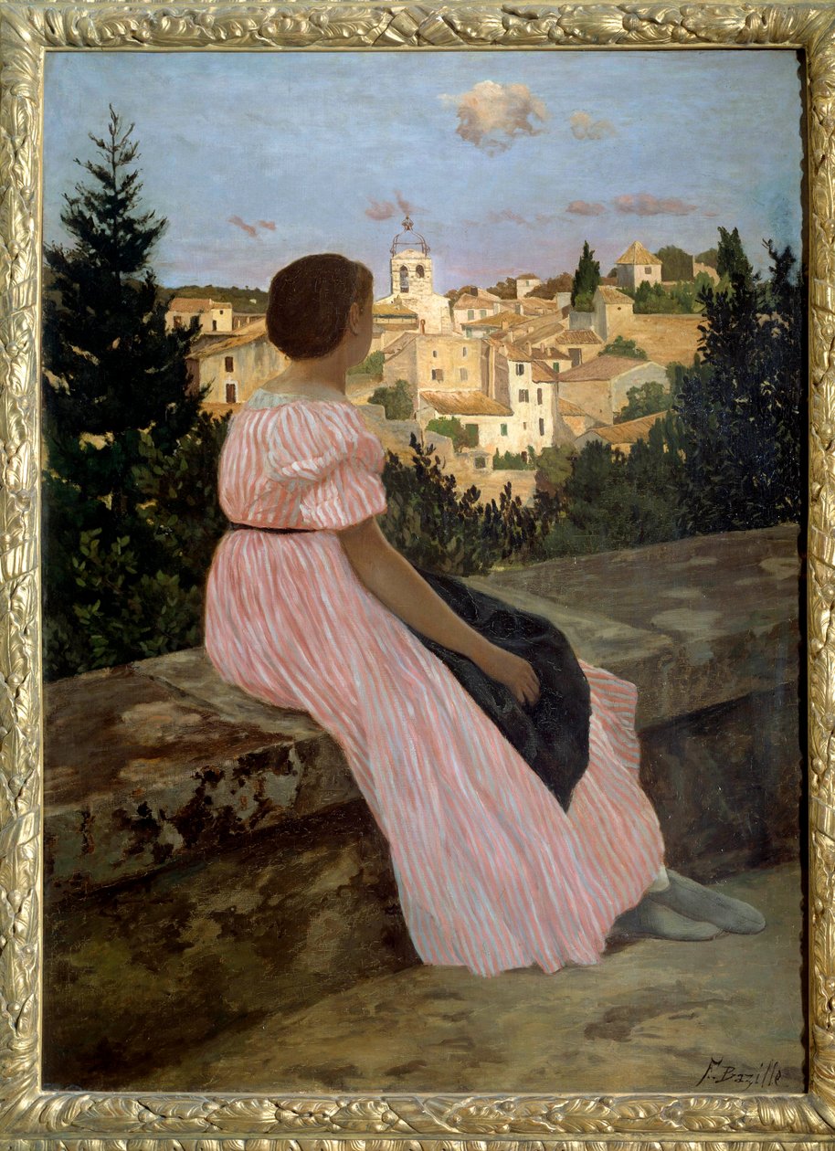 Vaaleanpunainen mekko tai näkymä Castelnau le Lezille (tai Castelnau-le-Lez, Herault). Taiteilijan veljentyttären Therese des Hoursin muotokuva. Jean Frederic Bazillen (1841-1870) maalaus 1864 su. 1,4x1,1 m. Öljy kankaalle. Paris, musee d