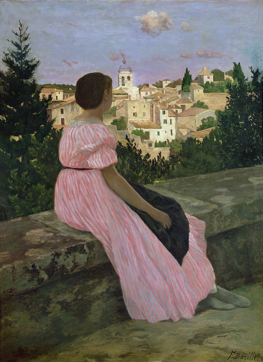 Vaaleanpunainen mekko tai näkymä Castelnau-le-Lezille, Herault, 1864 tekijältä Jean Frederic Bazille