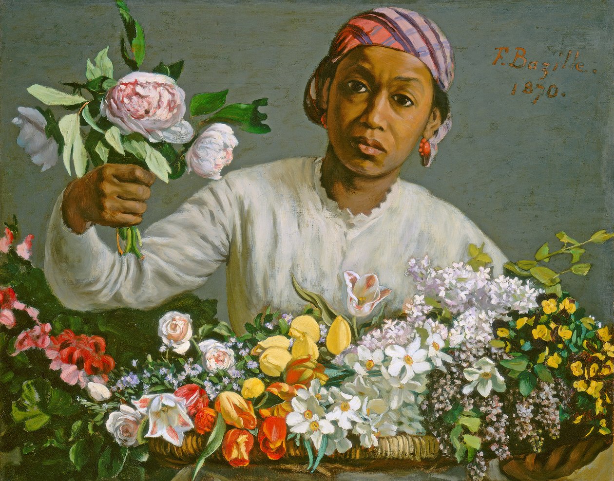 Nuori nainen pionien kanssa, 1870 tekijältä Jean Frederic Bazille
