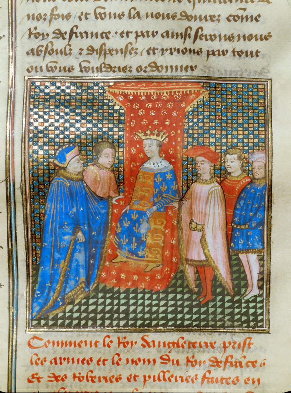 Englannin kuningas Edward III istuu valtaistuimellaan, pukeutuneena tunikaan, jossa on englantilaisia ja ranskalaisia tunnuksia, ja kuuntelee Artois