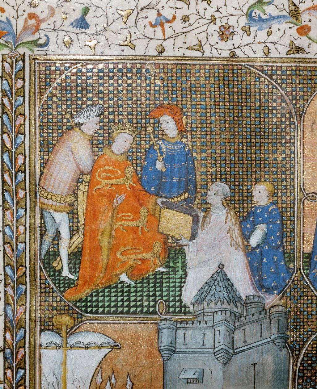 Historiantutkija Froissart polvillaan, papilliseen asuun pukeutuneena, esittelee Edward III:lle sadan vuoden sodan aikakirjansa ... tekijältä Jean Froissart