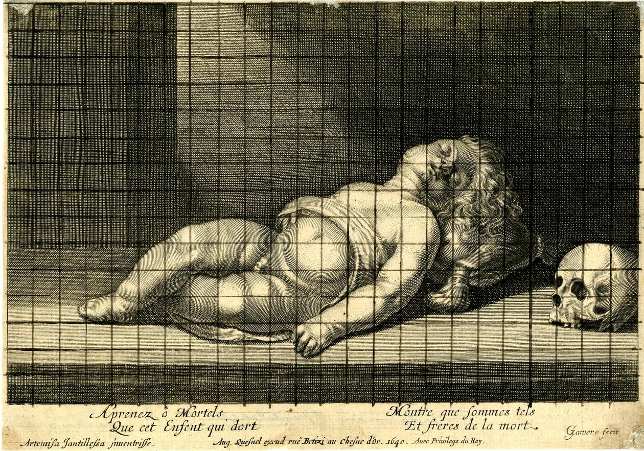 Jean Ganière - Lapsi nukkuu pää tyynyllä; pääkallo oikealla. 1640 tekijältä Jean Ganière