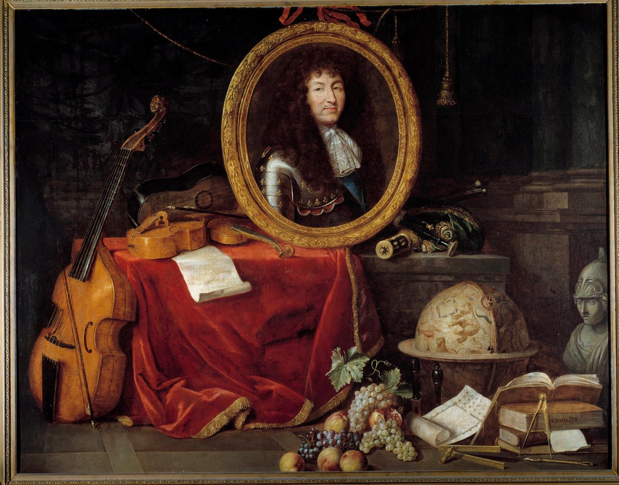 Ludvig XIV:n muotokuva Ranskan kuninkaan (1638-1715), taiteen ja tieteen suojelijasta Kuninkaan muotokuvaa ympäröivät musiikki-instrumentit (viola de gamba, viulukitara) ja tieteelliset instrumentit (neliö, taivaanpallo, kompassit). Maalaus Jean Ga tekijältä Jean Garnier