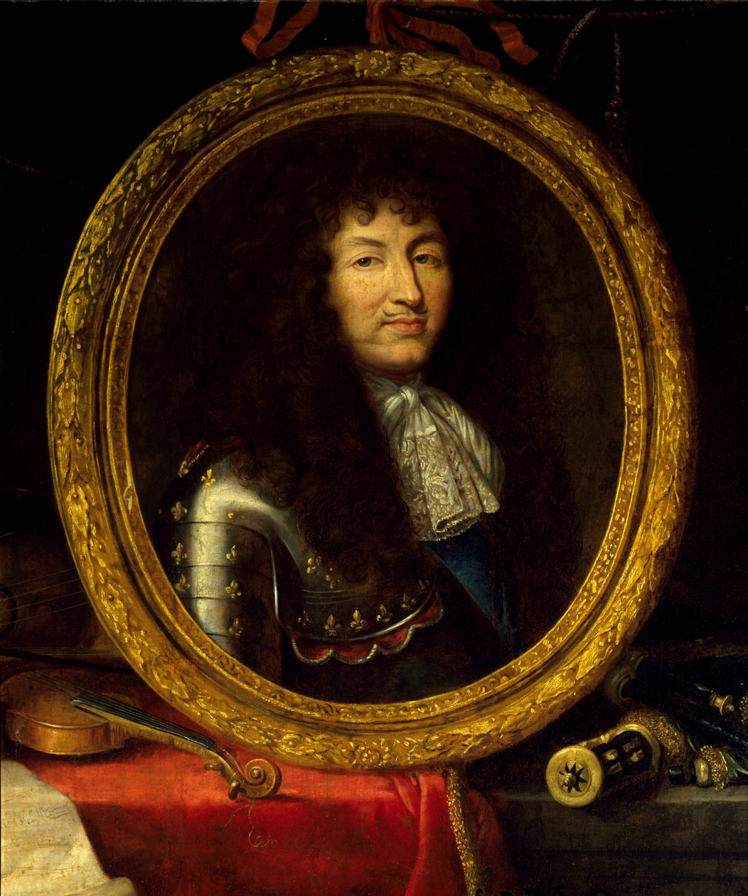 Ludvig XIV:n muotokuva Ranskan kuninkaan (1638-1715), taiteen ja tieteen suojelijasta Kuninkaan muotokuvaa ympäröivät musiikki-instrumentit (viola de gamba, viulukitara) ja tieteelliset instrumentit (neliö, taivaanpallo, kompassit). Yksityiskohta. Maalauks tekijältä Jean Garnier