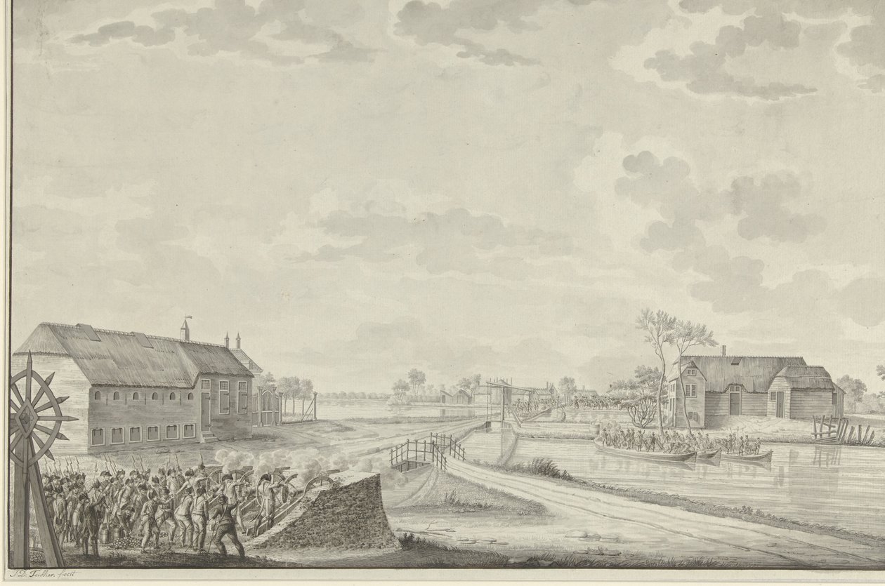 Preussilaisten hyökkäys eversti Van Brushin johdolla Duivendrechtin sillalle, 1. lokakuuta 1787 tekijältä Jean George Teissier (signed by artist)