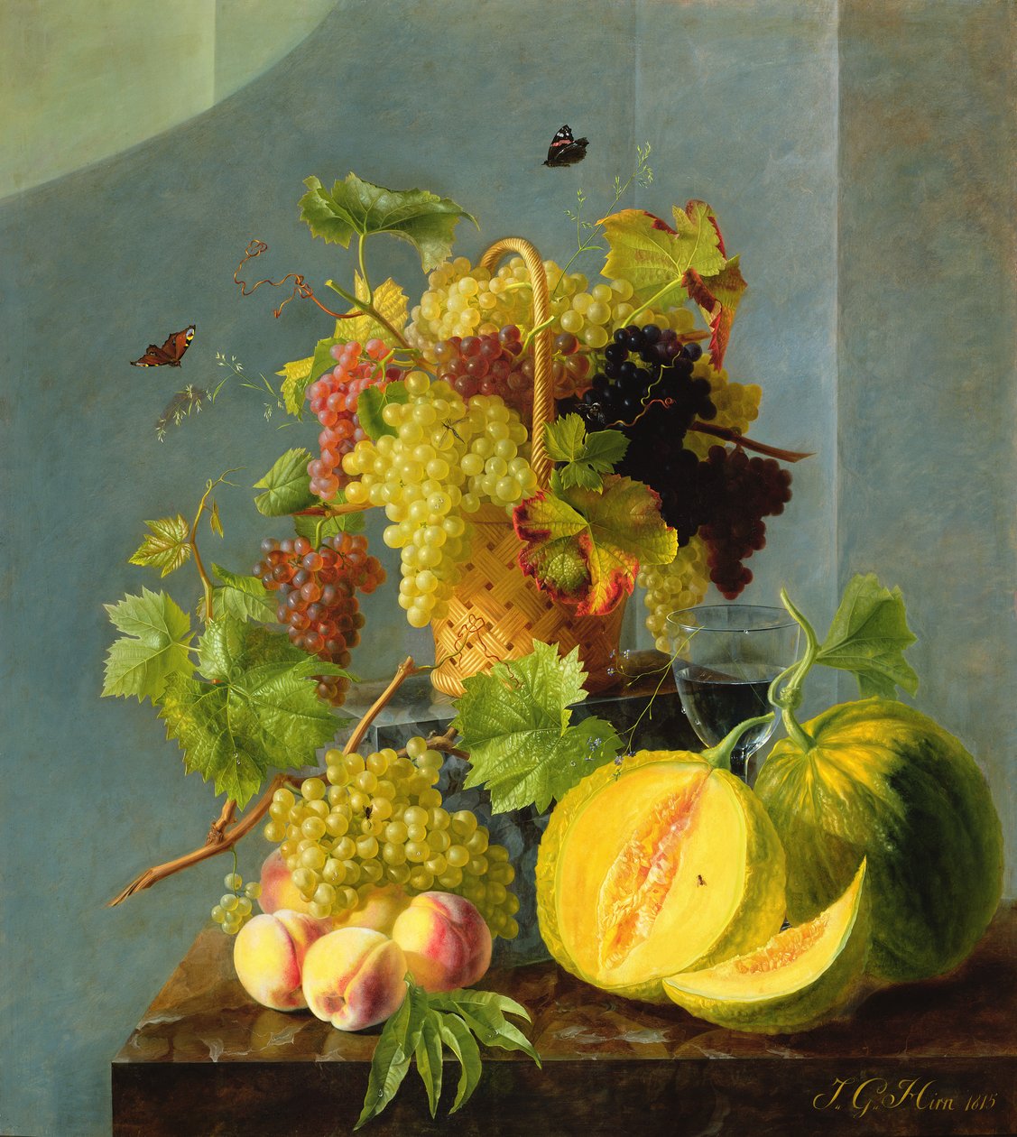 Asetelma, jossa on kori viinirypäleitä ja meloneja, 1815 (öljy kuparille). tekijältä Jean Georges Hirn