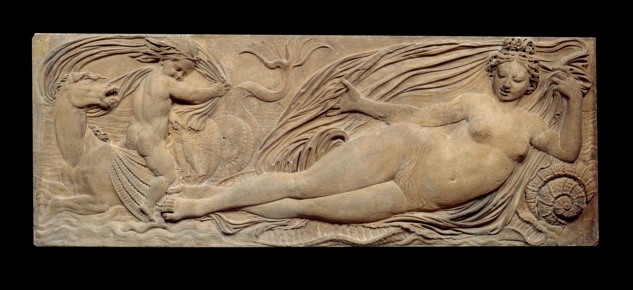Nymfi ja pieni henki ratsastaa merihevosella; Nymfi ja Triton kahden pienen genin ympäröimänä. Matala helpotus. Jean Goujonin (1510-1567) kiviveistos tekijältä Jean Goujon