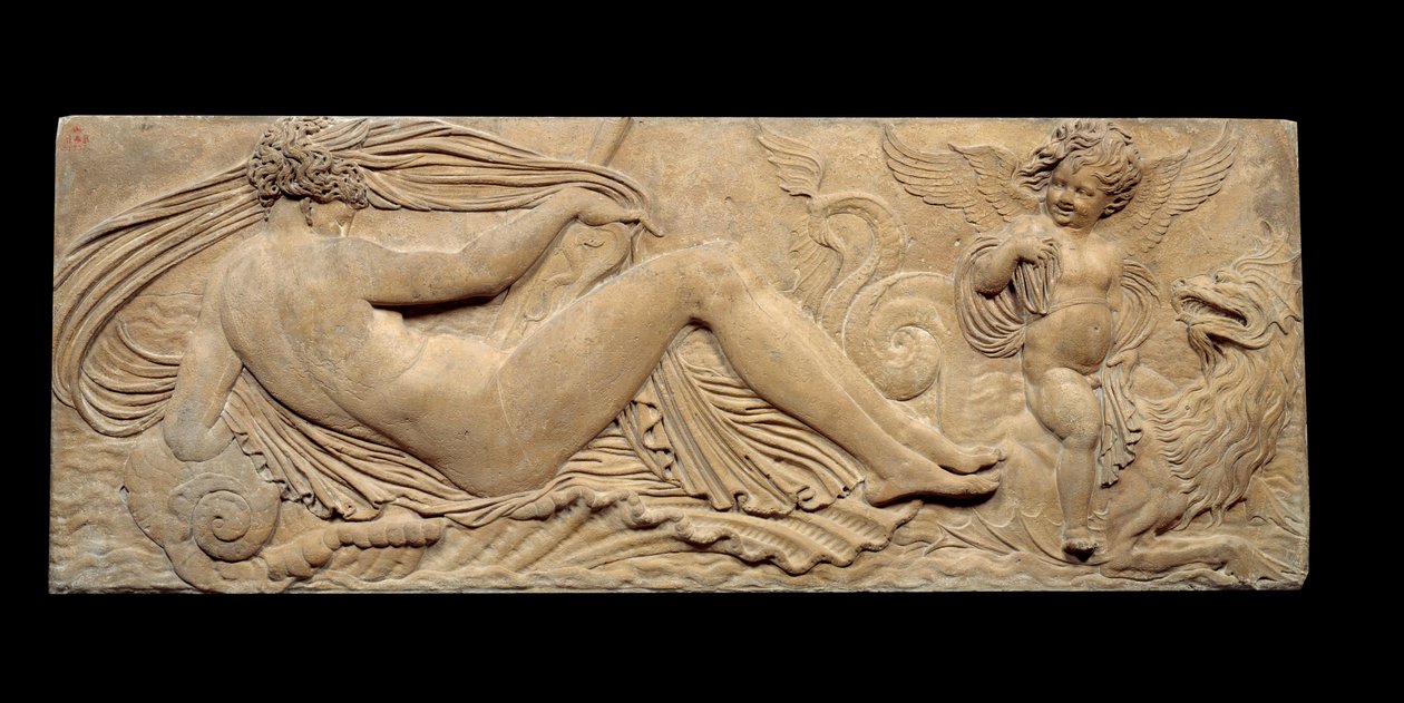 Nymfi ja pieni henki ratsastaa merihevosella; Nymfi ja Triton kahden pienen genin ympäröimänä. Matala helpotus. Jean Goujonin (1510-1567) kiviveistos tekijältä Jean Goujon