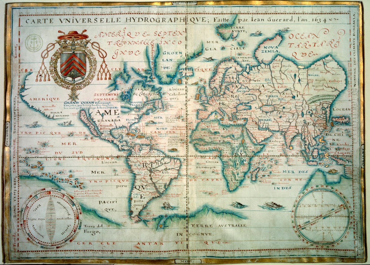 Universaali hydrografinen kartta. Ranskalaisen maantieteen Jean Guerardin käsikirjoitus. 1734. Paris, B.N. tekijältä Jean Guerard
