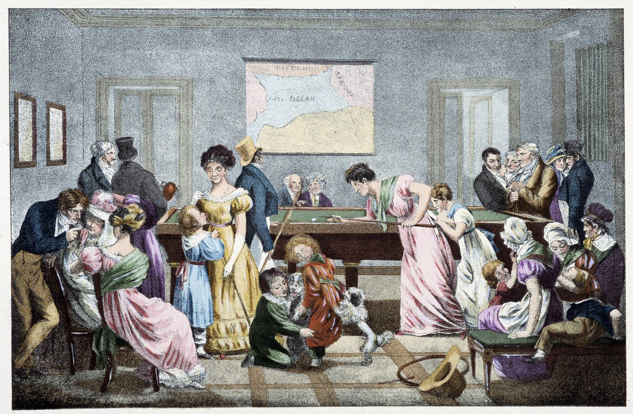 Biljardisali 1800-luvulla: Marletin litografian perusteella. tekijältä Jean Henri (after) Marlet