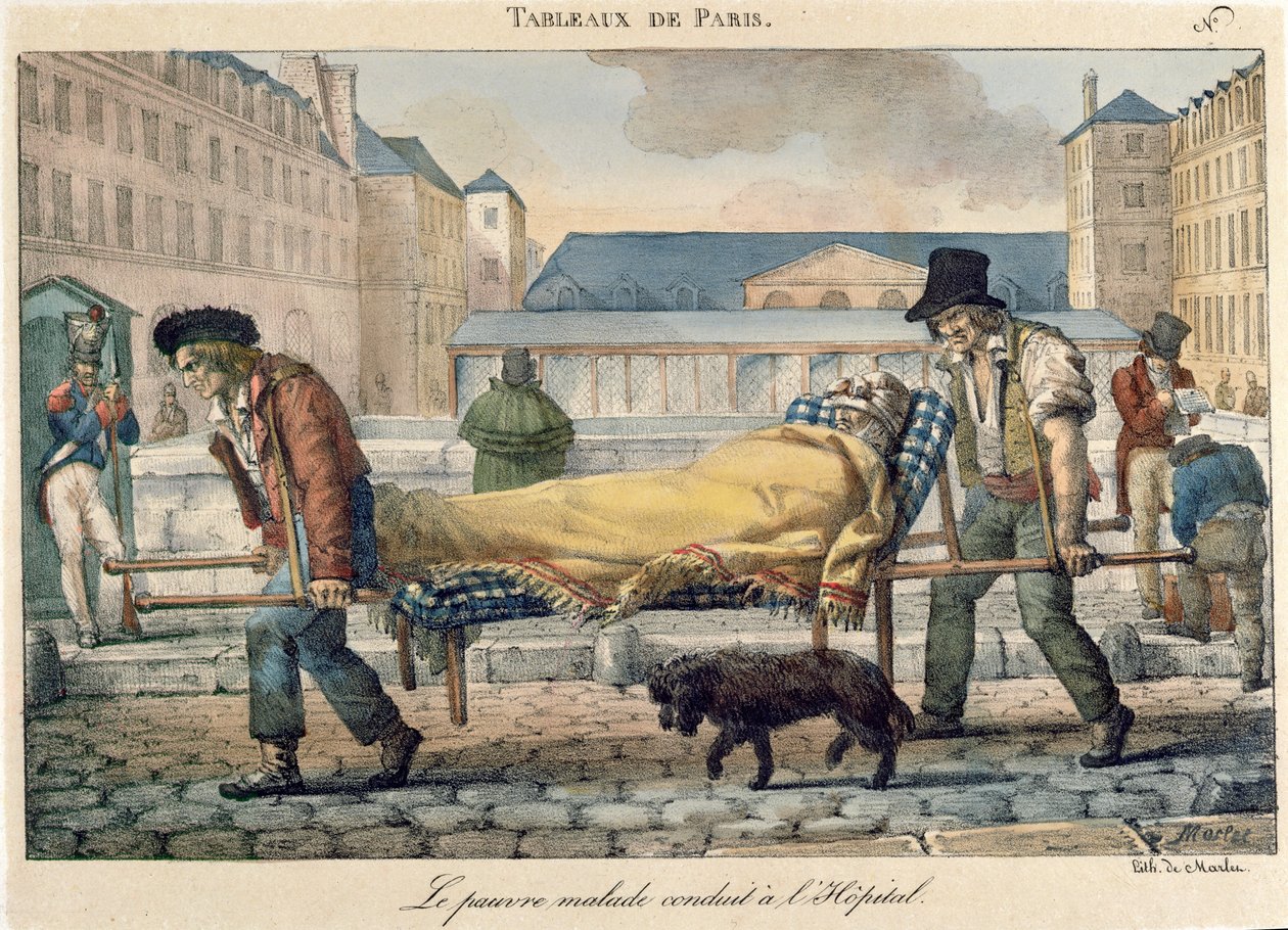 Sairaalaan kuljetettu invalidi, Tableaux de Paris -sarjasta, n. 1820 tekijältä Jean Henri Marlet