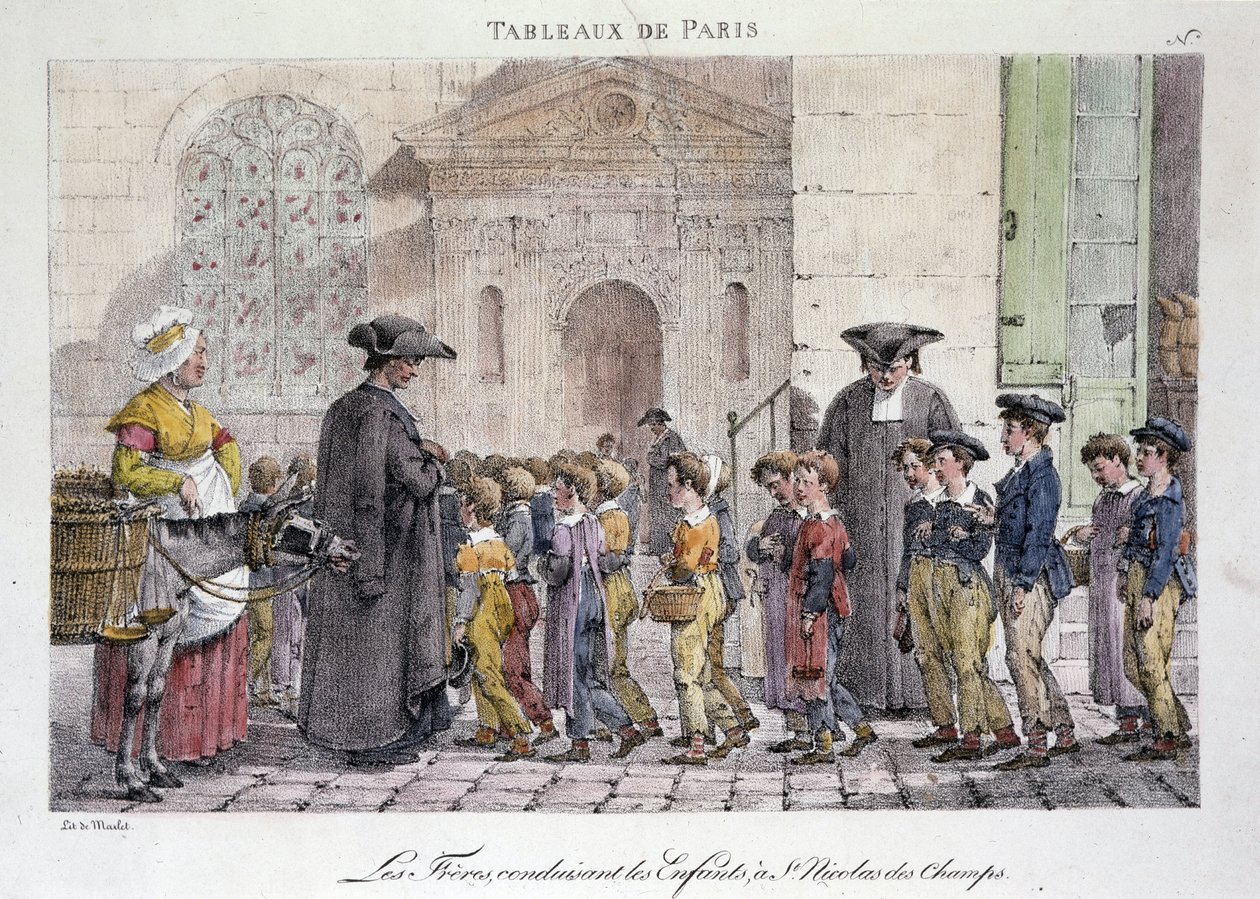 Entinen katukauppa Pariisissa: veljekset ajamassa lapsia Saint Nicolas des Champsiin (Saint-Nicolas-des-Champs), katolinen koulu - Jean Henry Marlet
