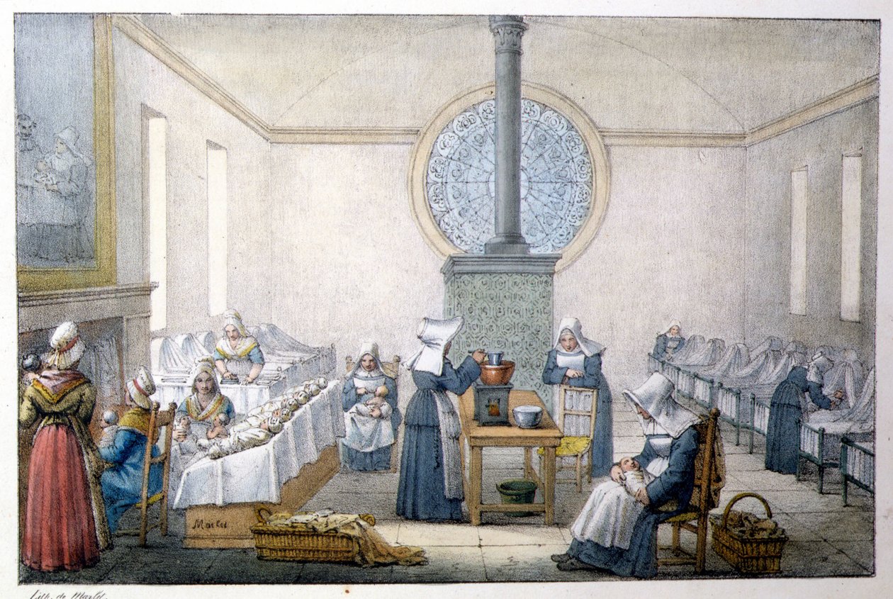 Lapset löydetty (orpokoti) - Marletin litografia, 1800-luvun loppu tekijältä Jean Henri Marlet