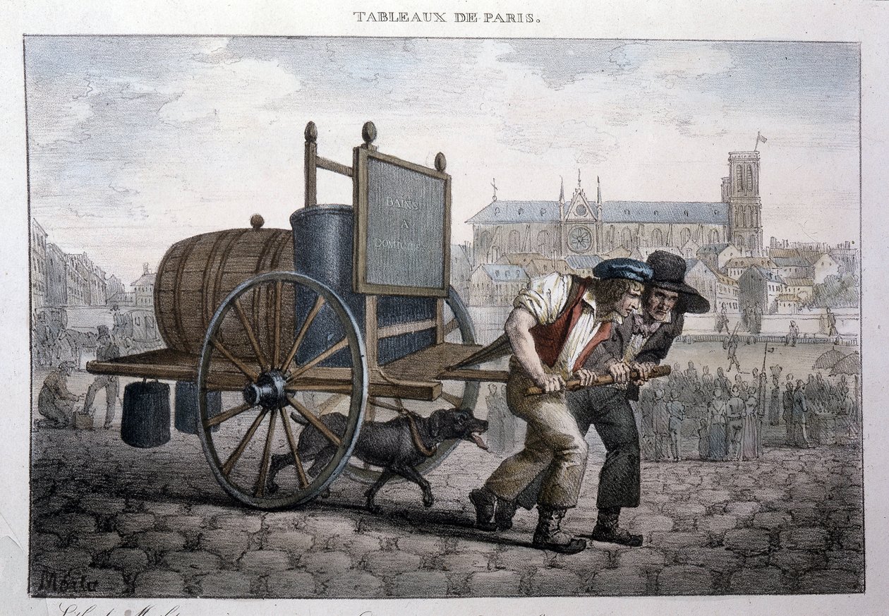 Entinen katuharrastus Pariisissa: kylpy kotona (kaksi miestä vetää kärryä, jonka tynnyri on täynnä vettä). Kaiverrus Jean Henry Marlet (1771-1847) teoksessa "" Les Tableaux de Paris"", 72 vedoksen sarja, 1800-luvun loppu. tekijältä Jean Henri Marlet