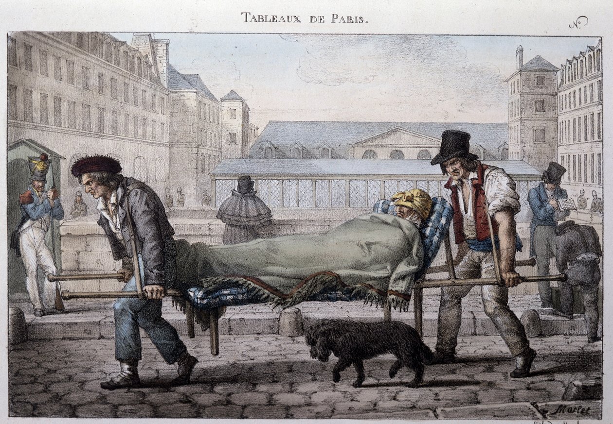Entinen katumies Pariisissa: köyhä potilas johdattaa sairaalaan paareilla. Kaiverrus Jean Henry Marlet (1771-1847) teoksessa "" Les Tableaux de Paris"", 72 vedoksen sarja, 1800-luvun loppu. tekijältä Jean Henri Marlet