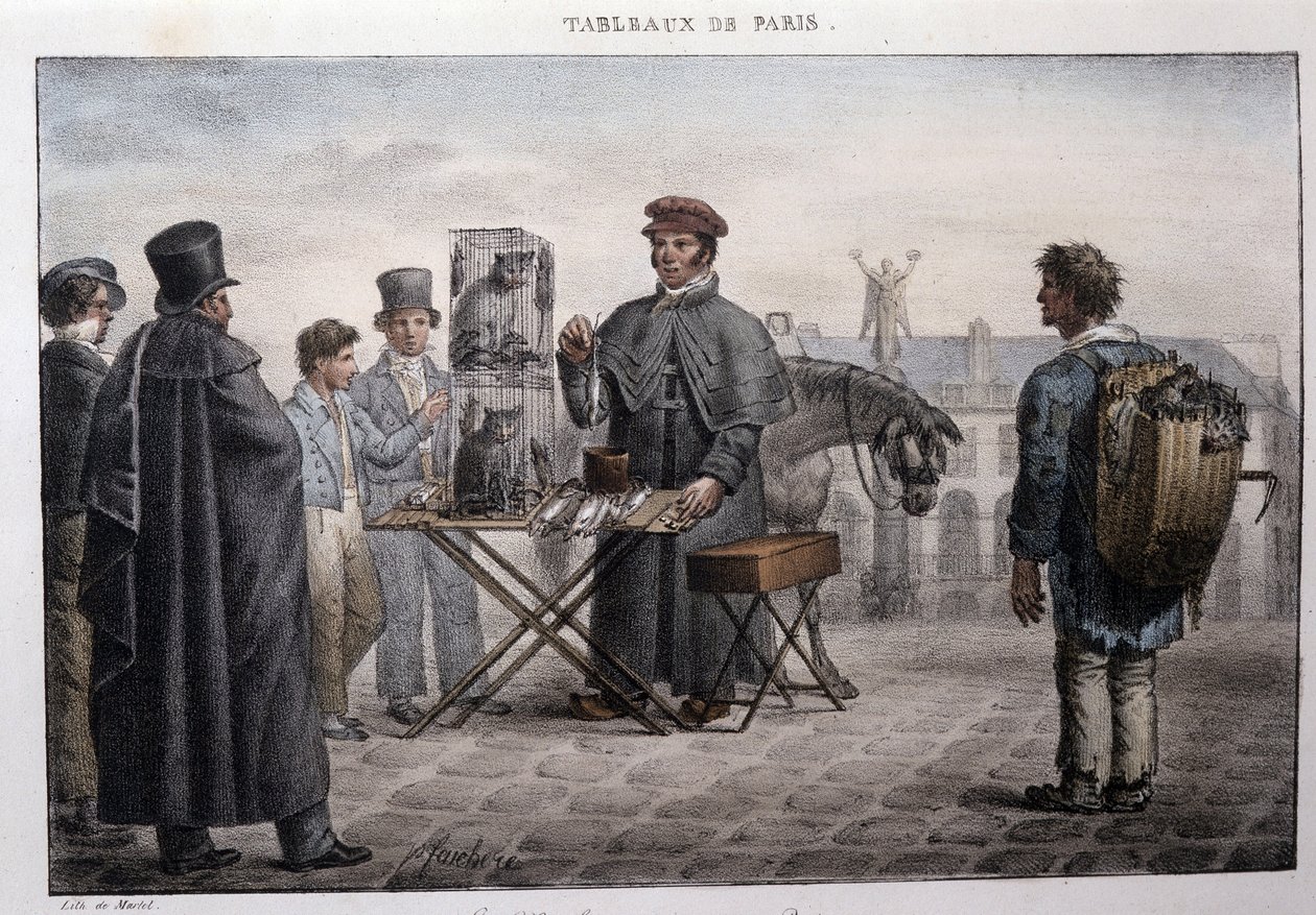 Entinen katumies Pariisissa: rotan kuoleman kauppias (camelot). Jean Henri Marketin (1771-1847) kaiverrus "" Les Tableaux de Paris" -sarjassa, 72 vedoksen sarja, 1800-luvun loppu. tekijältä Jean Henri Marlet