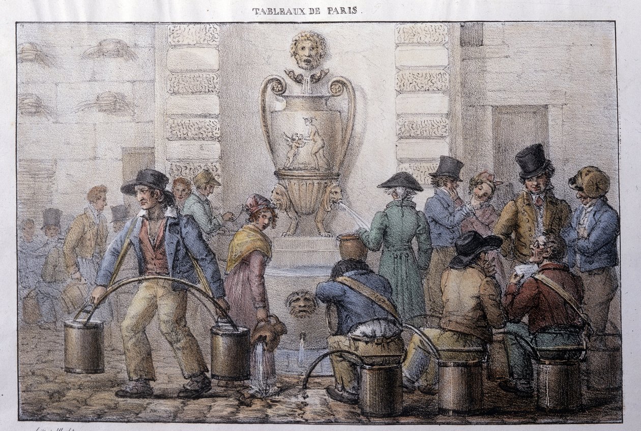 Entinen katumetsä Pariisissa: vesisäiliö suihkulähteen edessä. Kaiverrus Jean Henry Marlet (1771-1847) teoksessa "" Les Tableaux de Paris"", 72 vedoksen sarja, 1800-luvun loppu. tekijältä Jean Henri Marlet
