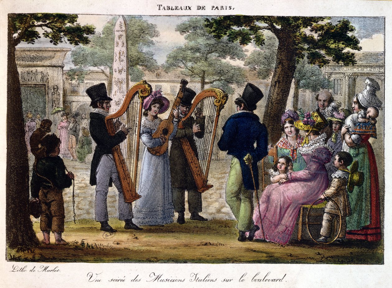 Italialaiset muusikot esiintyvät bulevardilla Pariisissa, Tableaux de Parisista, n. 1820 tekijältä Jean Henri Marlet