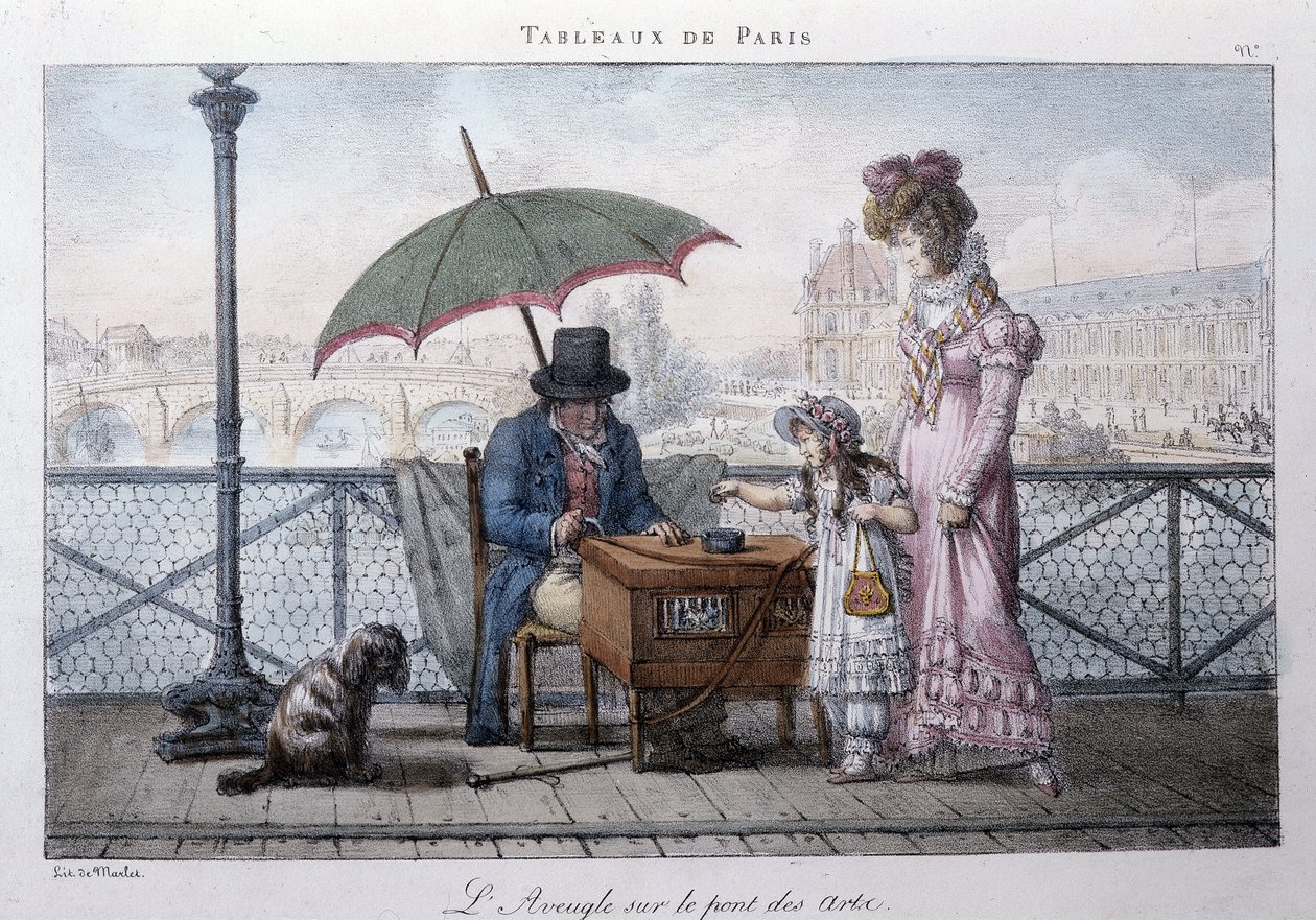 Vanha katukuva Pariisissa: sokea kerjäläinen taiteen sillalla. Kaiverrus Jean Henry Marlet (1771-1847) teoksessa "" Les Tableaux de Paris"", 72 vedoksen sarja, 1800-luvun loppu. tekijältä Jean Henri Marlet