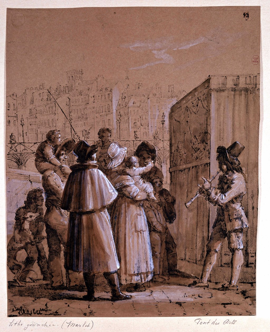 Polichinelle lähellä Pont des Artsia Pariisissa, Marketin vieressä noin 1800-luvun puolivälissä tekijältä Jean Henri Marlet
