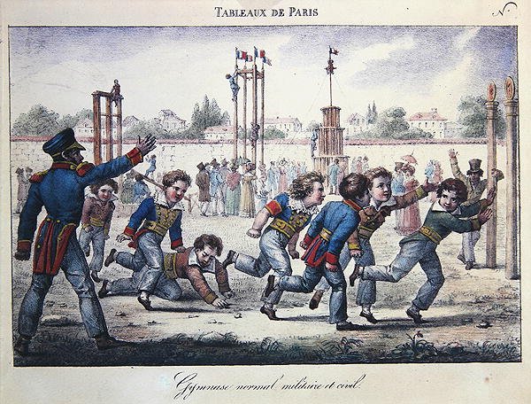 Urheilu- ja voimistelukoulutus pojille, kohtaus "Tableaux de Paris" -sarjasta, n. 1820 (värilitho) tekijältä Jean Henri Marlet