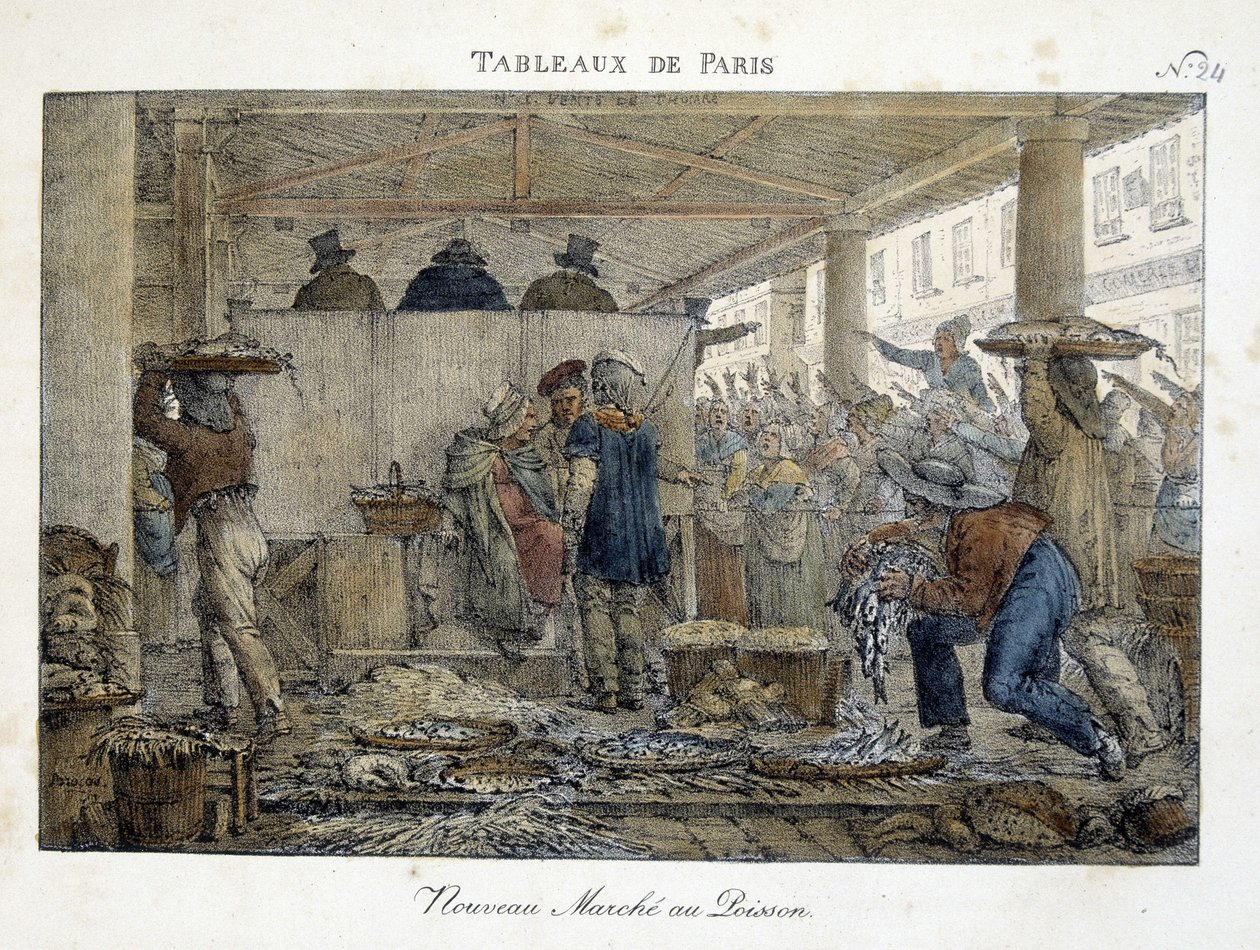 Pariisin uudet kalamarkkinat - Brocasin litografia tekijältä Jean Henri Marlet