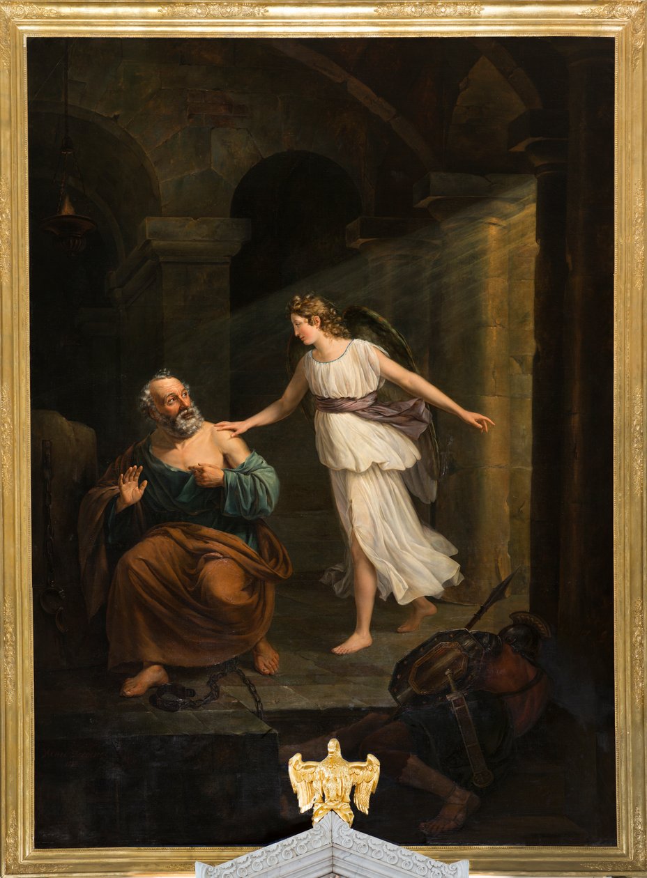 Seurakuntakirkko (Nederbrakel, Sint-Pieter-in-de-Bandenin seurakuntakirkko). Sisustus. maalaus. "Enkelin ja Tuomaan vapauttama pyhä Pietari". Jean-Henri DeCoene. Noin 1835. tekijältä Jean Henri de Coene