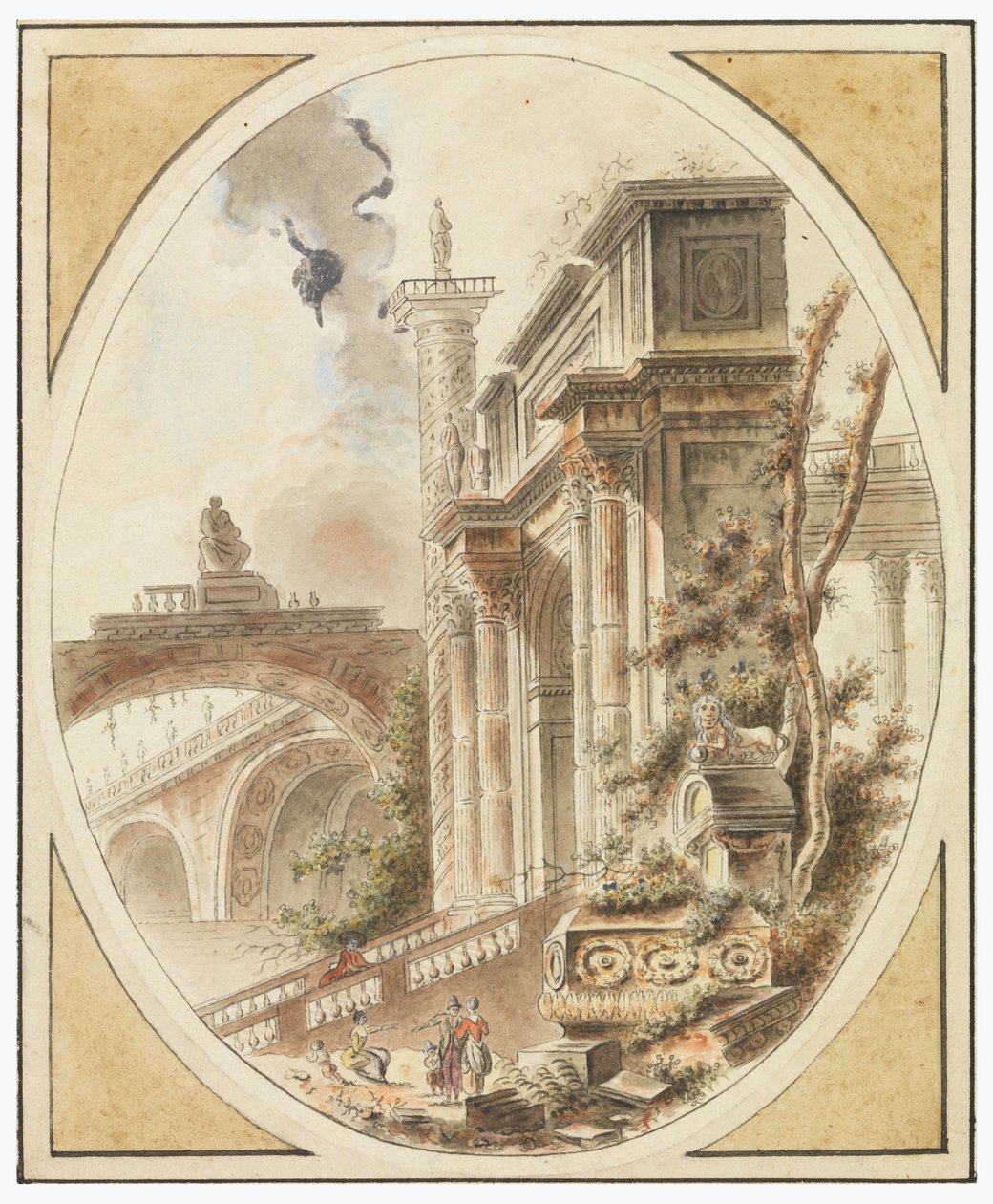 Piirustus, Arkkitehtuurin rauniofantasia, n. 1770. tekijältä Jean Henry Alexandre Pernet