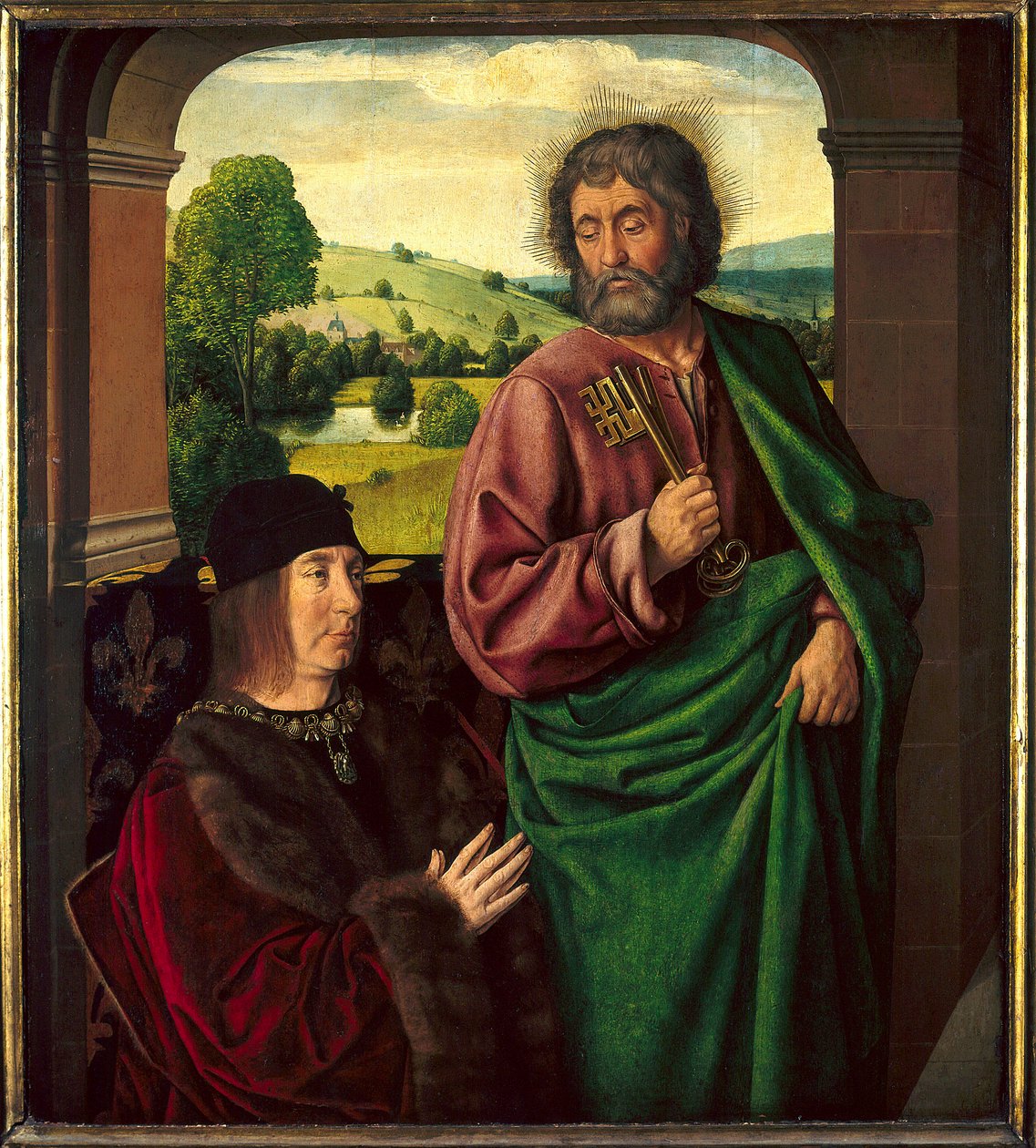 Pierre II de Beaujeun, Bourbonin herttuan (1439-1505) muotokuva Maitre de Moulinsin tai Jean Heyn (1450-1505) Saint Pierren maalaus. Aurinko 0,73 x 0,65 m tekijältä Jean Hey