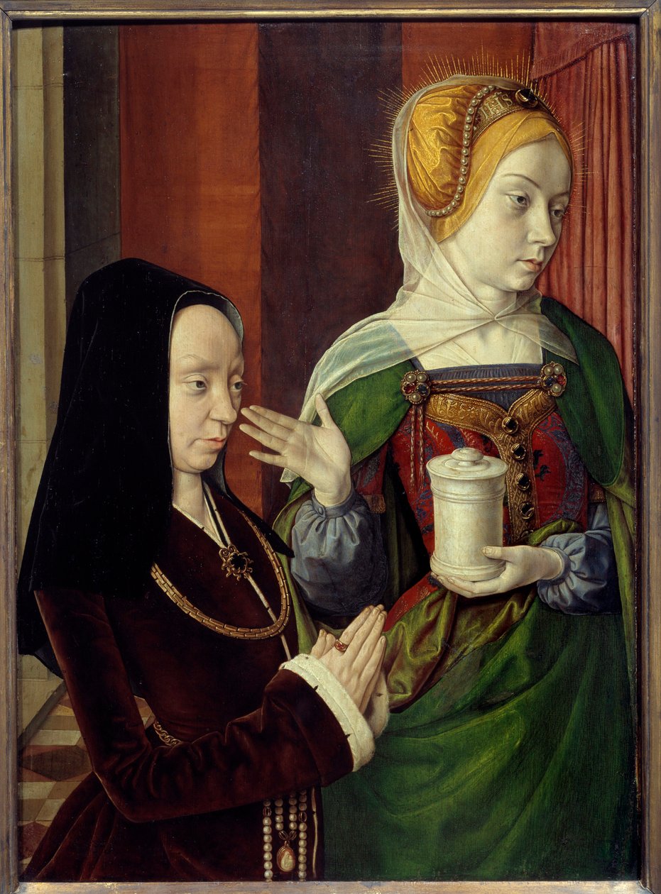 Olettaen muotokuva Madeleinen Burgundiasta, Laagen rouvasta, esittäjä Sainte Madeleinen Jean Hey dit le Maitre de Moulinsin maalaus (1480-1500) 1400-luku. Aurinko 0,56x0,4 m tekijältä Jean Hey