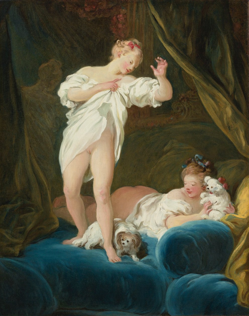 Kaksi tyttöä sängyllä leikkimässä koiriensa kanssa tekijältä Jean Honore Fragonard