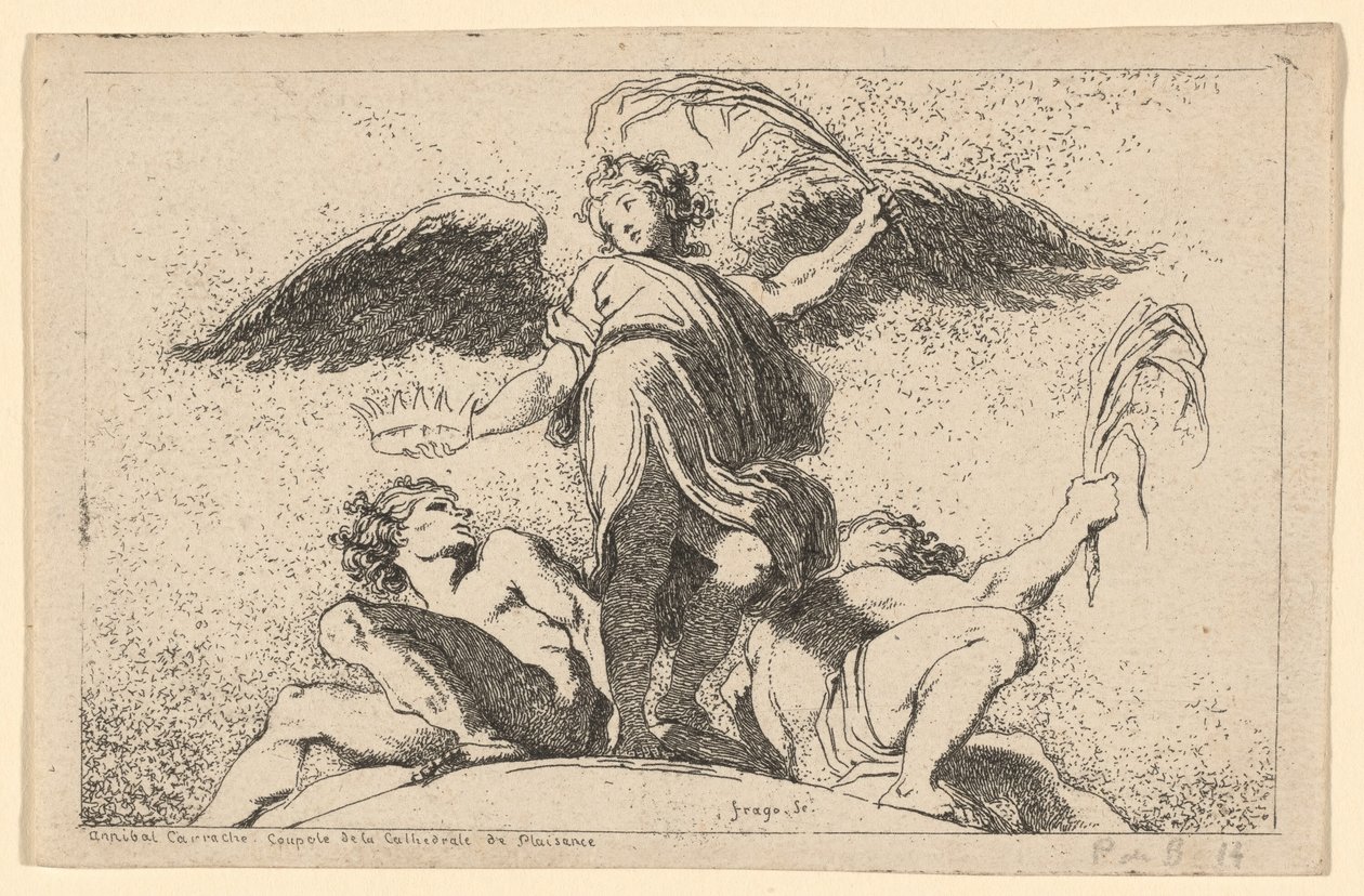 Enkeli pitelee kämmentä ja kruunua tekijältä Jean Honoré Fragonard after Annibale Carracci